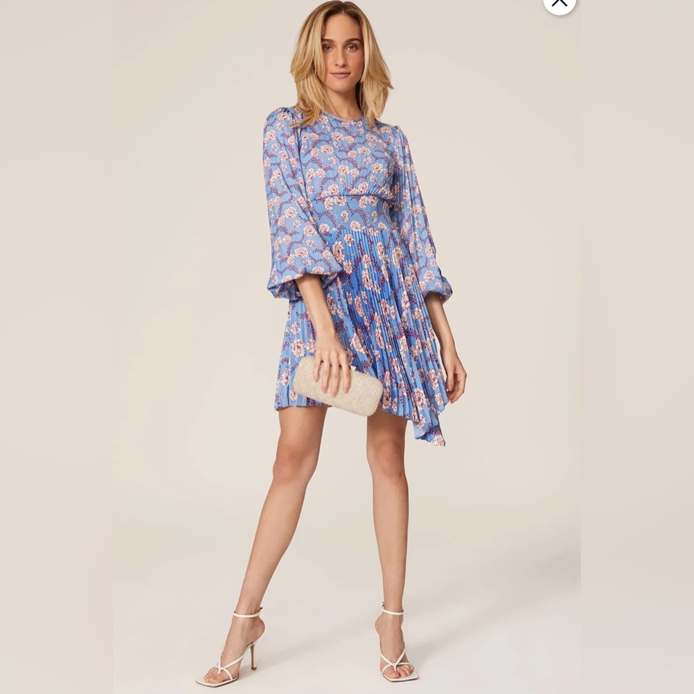A.L.C. Behati Pleated Sky Blue Floral Midi Dress - size 6 long sleeve